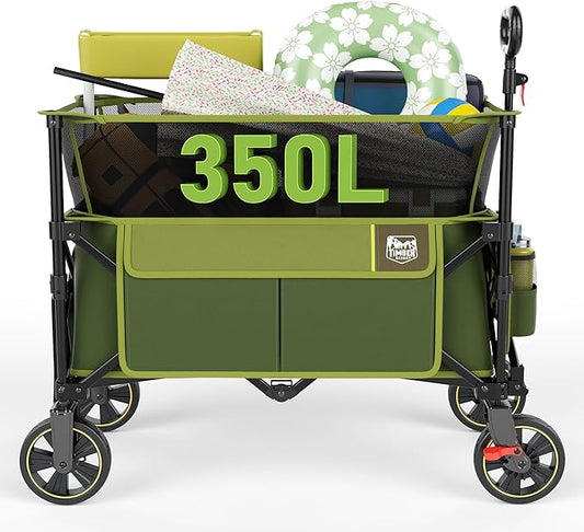 Timber Ridge Collapsible Folding Wagon 350L Extra Large with Brake, Heavy Duty Camping Utility Cart Outdoor, Extended Height Adjustable Handle, Cup Holders, Side Bag, Green