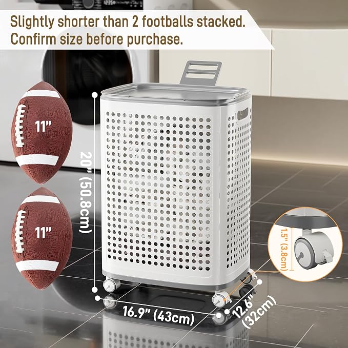Rolling Plastic Laundry Basket with Lid, Ventilated, White (2-Pack, Medium)