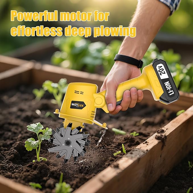 20V Cordless Tiller Cultivator for Gardening, Electric Garden Tiller with Battery & Charger, Garden Rototiller for Lawn Gardening Soil Cultivation, 2 Batteries