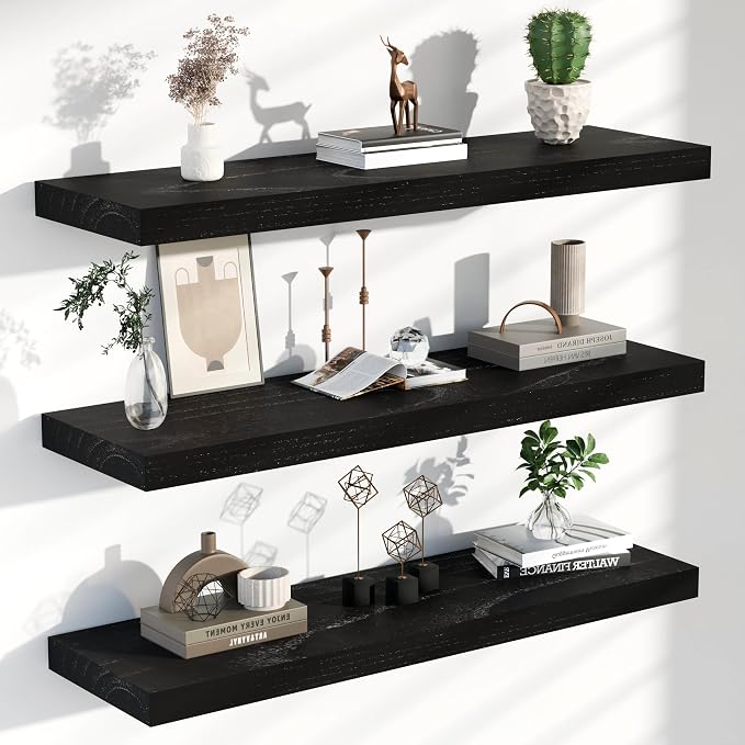 36 Inch Floating Shelves for Wall, Set of 3 | Wood Wall Mounted Shelves with Invisible Brackets, Rustic Farmhouse Long Shelf for Bedroom Living Room Kitchen (Black)