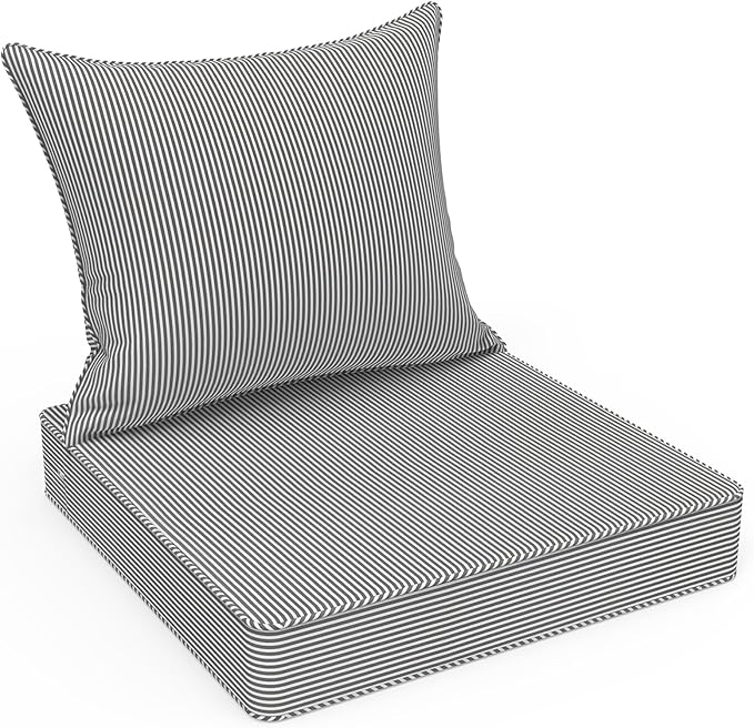 LVTXIII Outdoor Seat and Back Cushion Patio Deep Seat Cushion Set Seasonal Chair Cushion for Wicker Chairs and Garden Furniture Decoration, 24"x24"x4", Strip Grey