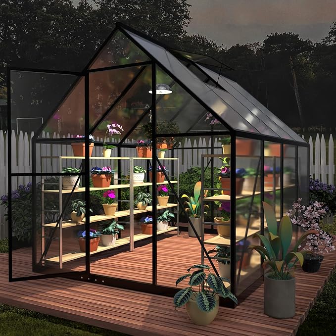 HOOYEAH Outdoor Polycarbonate Greenhouse, 6 x 12 FT Aluminum Frame Plant Green House with Locking Door & Roof Vent, Heavy Duty Winter Greenhouse for Backyard Gardening