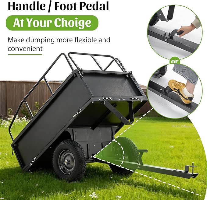 600LBS Heavy Duty Steel Dump Cart Trailer, 17 Cu.Ft. Tow Behind Hauling & Dumping Wagon for ATV, Lawn Tractor, and Garden with 16" Tires