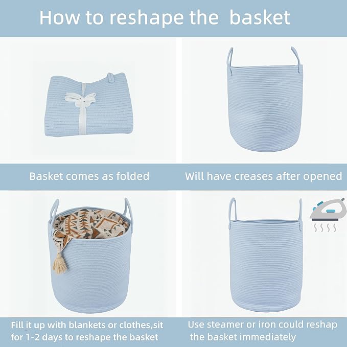 XUANGUO Cotton Rope Laundry Basket Hamper for Clothes, light blue