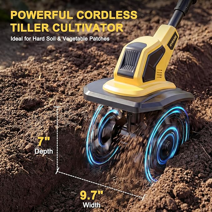 21V Cordless Tiller Cultivator, 2x4.0Ah Battery Powered Electric Garden Tiller, 360RPM Rototiller with 48 Steel Tines, 9.7" Width & 7" Depth, Lightweight Soil Tiller for Gardening