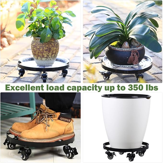 4 Packs 13.6 Inch Large Metal Plant Caddy with Wheels Plant Dolly with Casters Heavy-duty Rolling Wheeled Plant Stand for Indoor Outdoor Flower Pot Mover Rollers Coasters Black, Strong Load Capacity