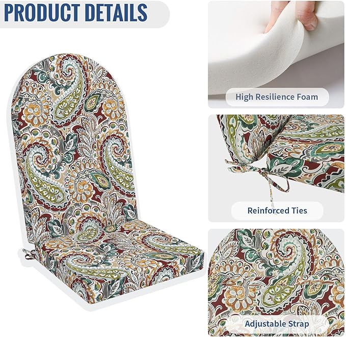 Outdoor Foam Adirondack Cushion, Water Repellent Foam Cushion for Adirondack Chairs Patio Furniture, 44 x 19 Inch, Paisley Chilli