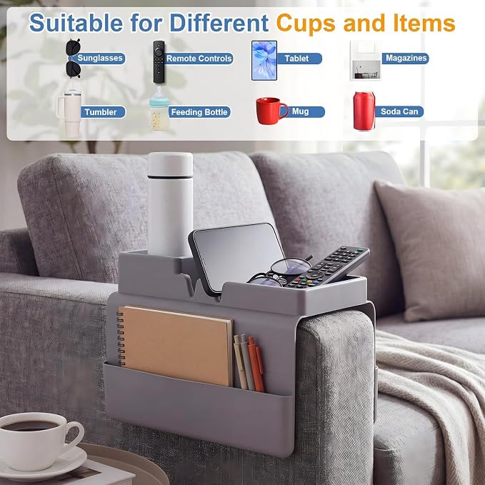 Novabright 2 Pack Silicone Couch Cup Holder Tray with Side Pouch, Anti Spill Sofa Armrest Organizer, Anti Slip Couch Arm Tray for Remote Drinks Snacks Phone and Pad, Gift for Family Friend