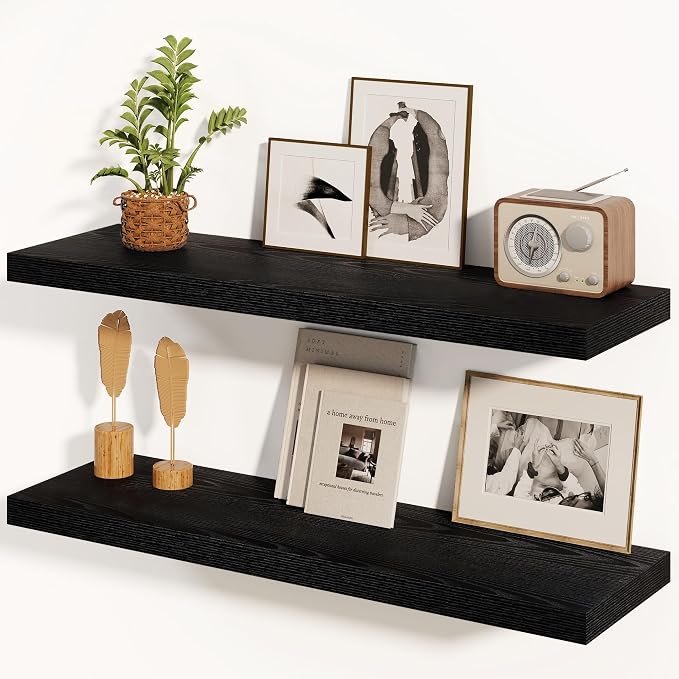 Fun Memories Black Floating Shelves 36 Inch Long, 8 Inch Deep Floating Shelf for Wall, 36" W x 8" D Wall Shelves Set of 2, Black Deep Floating Shelves for Bedroom, Living Room, Kitchen