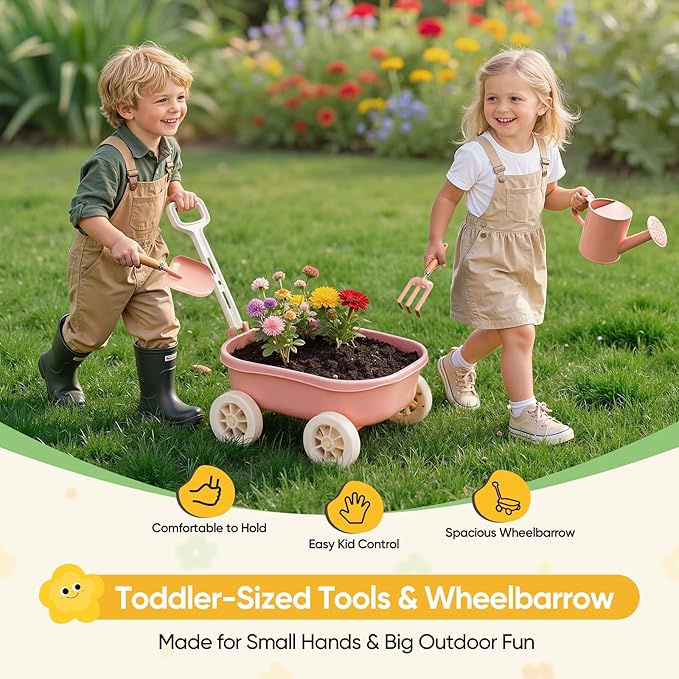 Grenebo Kids Gardening Set with Wheelbarrow, 11-Piece Outdoor Yard, Beach, STEM Garden Play Kit with Child-Sized Tools, Durable, Safe & Fun Gift Toy for Ages 2+ Kids Toddlers Boys Girls (Pink)