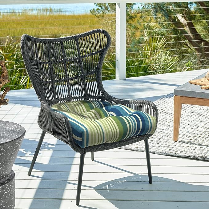 DYTXIII Set of 2 Outdoor Chair Cushions 19"x19"x4", Water Repellent Tufted Patio Seat Cushions with Ties, Thick Replacement Pads for Wicker Dining Chairs, Patio Furniture, Stripe Blue Green