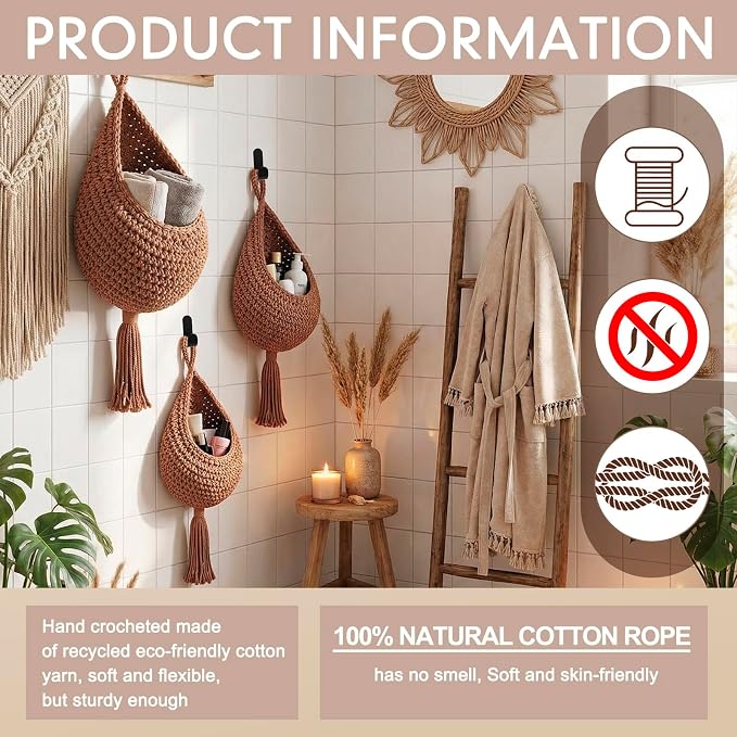 Honeydak 3 Hanging Baskets, White, Tassel, Cotton Rope | Wicker Wall Baskets with Hooks for Fruit Vegetable Onion Storage, Teardrop Organizer for Kitchen, Boho Farmhouse Decor