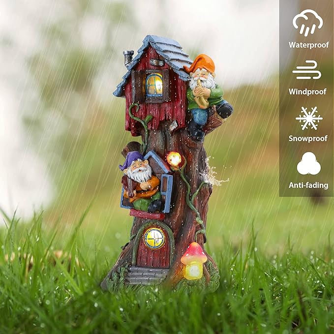 TERESA'S COLLECTIONS 11" Tall Large Garden Statues Gnome Treehouse with Solar Outdoor Light, Dad Gifts for Men,Resin Garden Decor Lawn Ornaments for Patio Yard Decor Gifts for Mom