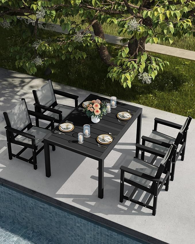 SERWALL Outdoor Dining Chairs Set of 2, All-Weather HDPE and Textilene Material Patio Chairs, Grey