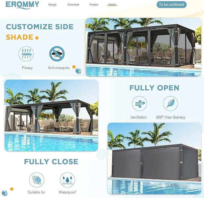 EROMMY Louvered Pergola 12x20, Outdoor Aluminum Pergola with Adjustable Rainproof Roof for Garden, Patio, Deck, Waterproof Curtains and Netting Included, Gray-Black