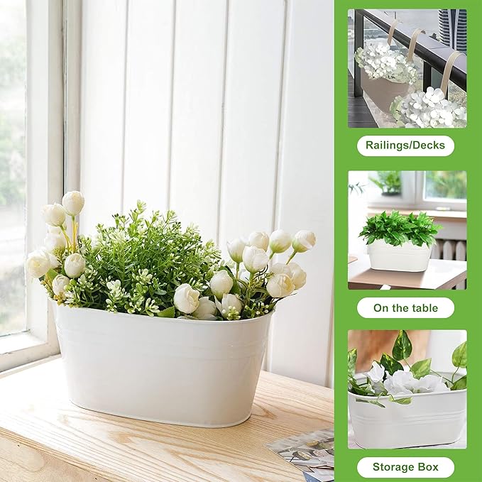 10.6" Oval Iron Hanging Flower Pots - Rust-Resistant Metal Planters with Detachable Hooks for Garden, Yard & Home Decor (White，3 PCS)