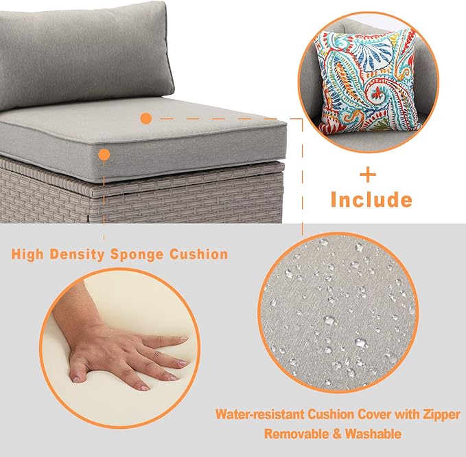 COSIEST 2-Piece Outdoor Furniture Add-on Armless Chairs for Expanding Wicker Sectional Sofa Set w Warm Gray Thick Cushions, 2 Floral Fantasy Pillows for Garden, Pool, Backyard