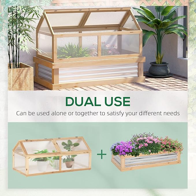 Raised Garden Bed with Polycarbonate Greenhouse, Wooden Garden Cold Frame Greenhouse, Flower Planter Protection, 48" x 24" x 32", Natural