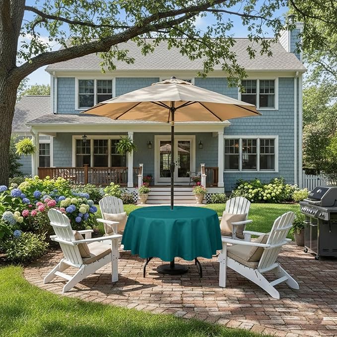 Outdoor Tablecloth Wrinkle-Free Stain Resistant Waterproof Polyester Fabric Table Cover with Zipper Umbrella Hole for Picnic/Party/Dinner/Patio Garden(60inch Round,Zippered,Teal)