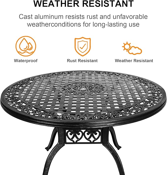 48" Cast Aluminum Outdoor Dining Table,Dining Conversation Side Table, Patio Bistro Table with 2.36" Umbrella Hole for Backyard, Garden, Patio, Porch