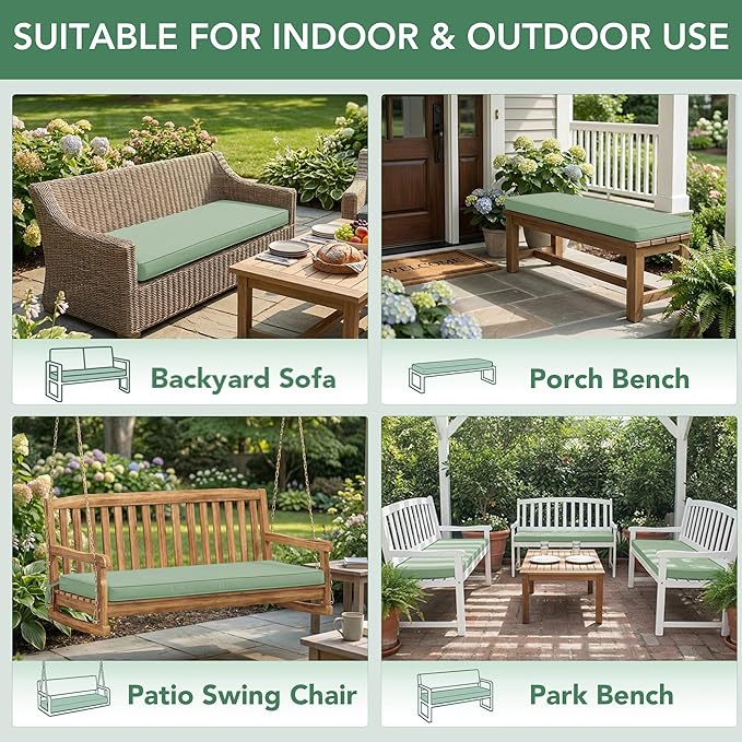 Summsun Outdoor Bench Cushion: Waterproof and Fade Resistant Patio Furniture Cushions - Non-Slip Bench Pad Cushion with Removable Cover for Garden Swing Porch Sofa Settee, 59 x 18 Inch, Sage Green