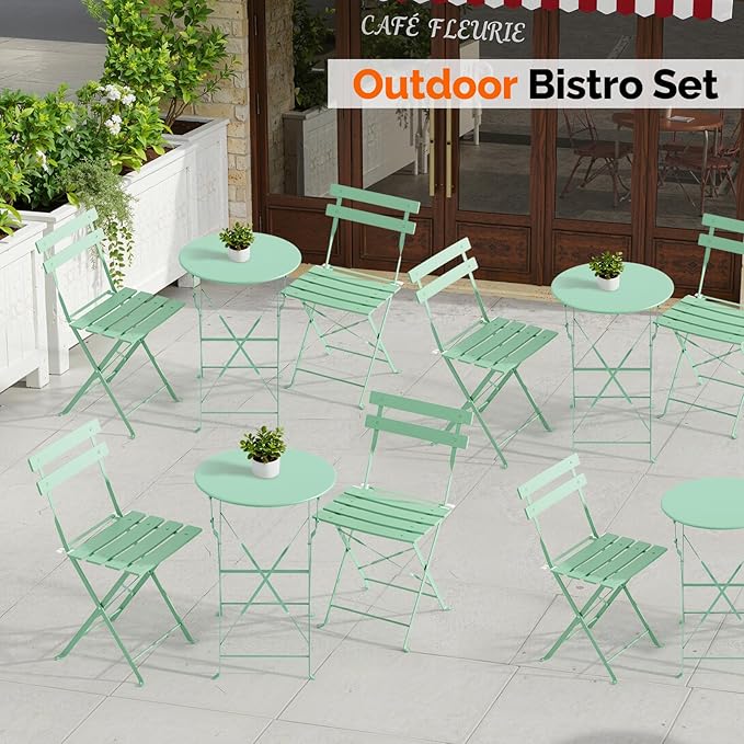VINGLI Outdoor Folding Bistro Table and Chairs Set of 2, 3-Piece Bistro Set with Premium Steel Frame for Patio, Balcony, Garden, Porch, Yard, Green