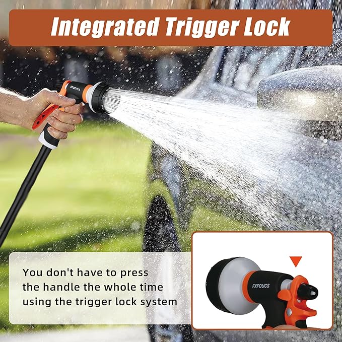 Garden Hose Nozzle Sprayer– this high heavy-duty spray nozzle offer 8 watering patterns for watering plants, lawns & gardens, washing cars, household (Dark Orange)