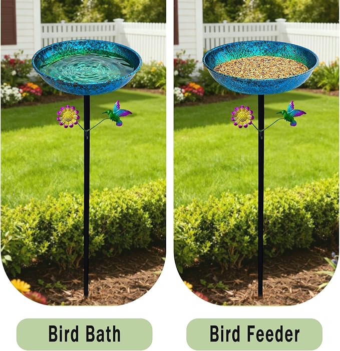 Freestanding Bird Bath with Metal Stake - 11” Metallic Blue & Green Metal Birdbath Bowl & Feeder Outdoor Garden Yard Decor