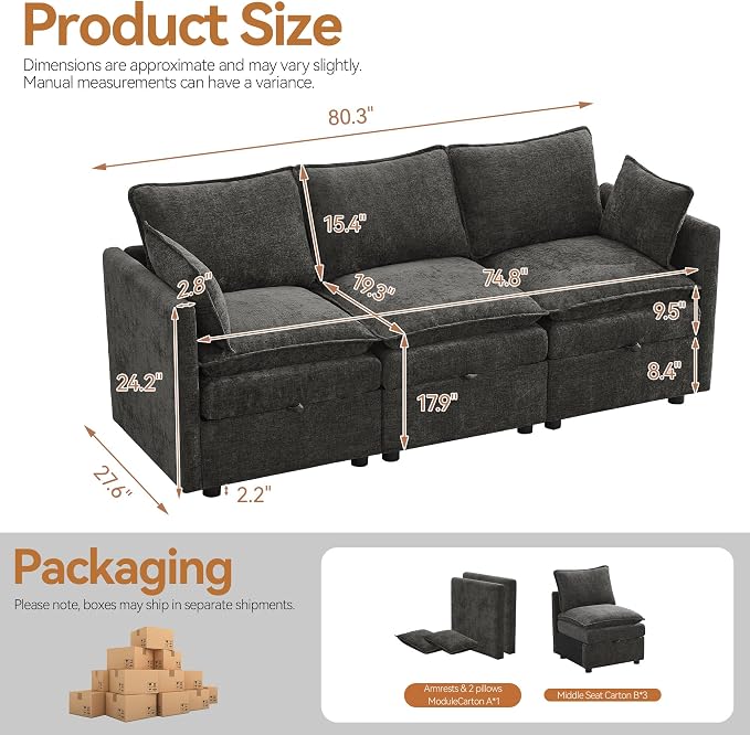 80" Storage Modular Sectional Couch, Cloud 3-Seat Sofa with Chenille, Comfy Modern Couch with Hidden Storage for Living Room, Apartment, Spacious, Dark Grey