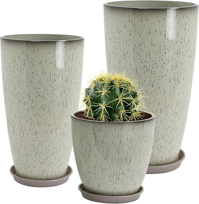 Neoaider 24/21/12 Inch Large Plastic Planter, Lightweight Ceramic-Look Tall Planters with Drain Hole & Saucers, Tall Plastic Planters for Porch, Garden, Patio, Balcony(Drip Glaze)