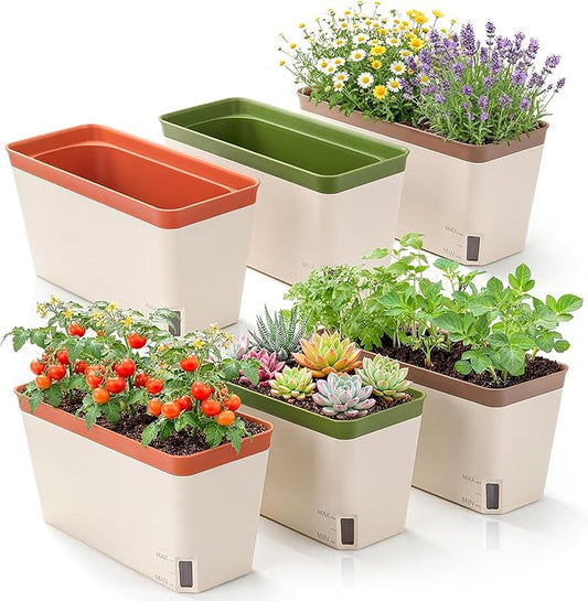 OurWarm Windowsill Herb Planter Box Set of 6, 10.5 Inch Self Watering Pots for Indoor Plants, Flower Box with Water Level Window, Colorful Plastic Flower Pots & Planters for Herbs, Vegetables, Flowers