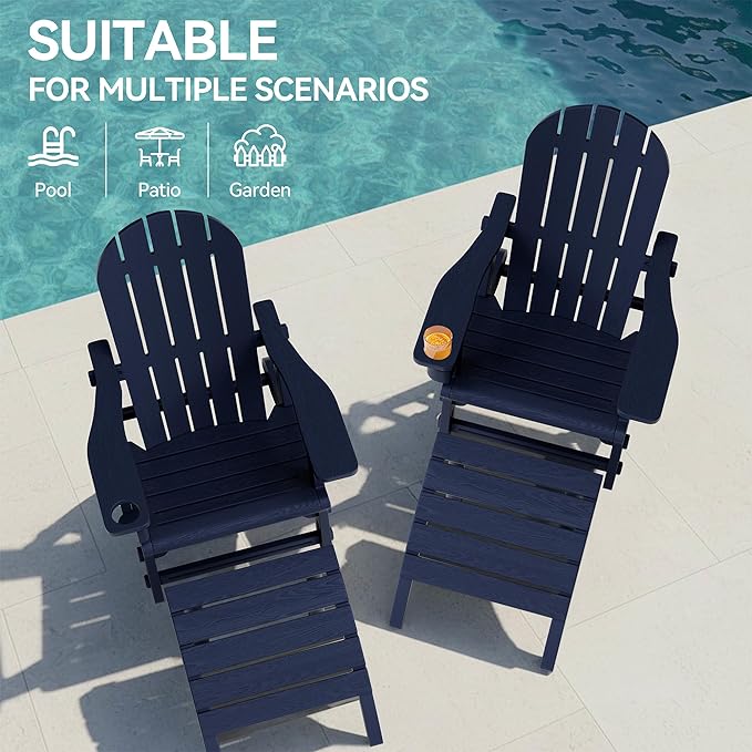 Vongrasig Adirondack Chairs Set of 2 with Removable Tabletop and Footrest, HDPE Plastic Outdoor Chair Set with Wooden Textured, Cup Holder for Patio, Poolside, Garden, Dark Blue, 5 Pieces