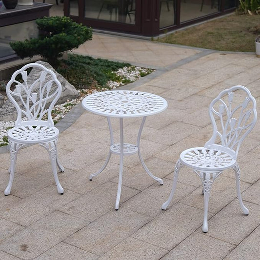 KAILI Patio Bistro Sets 3 Piece cast Aluminum Patio Furniture Outdoor Garden Metal Rust Proof Tables and Chairs White bisrto Set (Tulips-White)