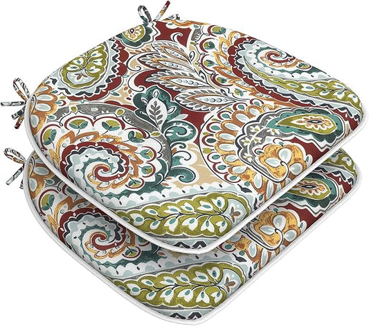 DYTXIII Set of 2 Outdoor Chair Cushions with Ties, Water Repellent Patio Chair Pads 17"x 16" for Outdoor Furniture, Round Corner Seat Cushions for Garden Yard Kitchen Paisley Chilli