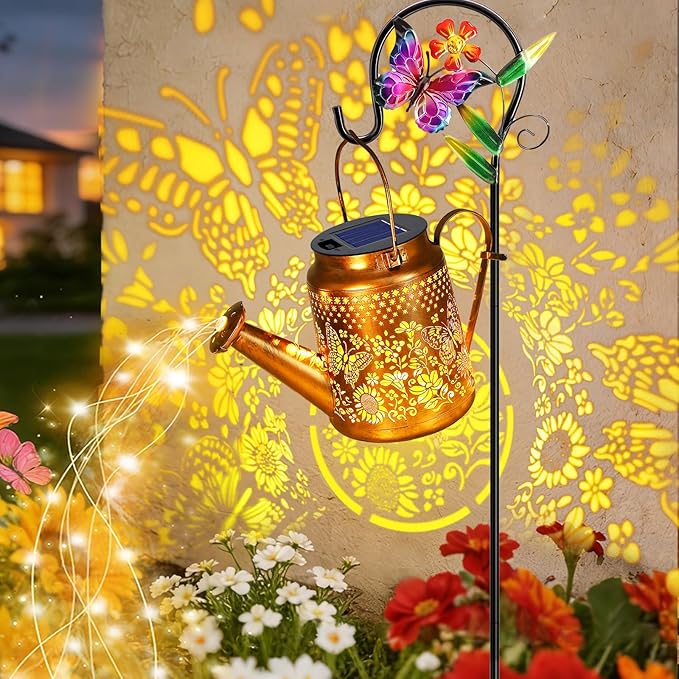 VOOKRY Solar Lights Outdoor Waterproof, Butterfly Retro Metal Solar Watering Can Lights, Gifts for Women Mom Grandma Mother's Day, Hanging Lantern Decorative Garden Decor for Outside Yard Lawn Patio