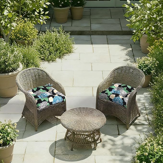 DYTXIII Set of 2 Outdoor Chair Cushions 19"x19"x4", Water Repellent Tufted Patio Seat Cushions with Ties, Thick Replacement Pads for Wicker Dining Chairs, Patio Furniture, Peony Garden