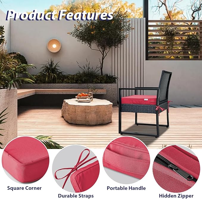 IPYNBAP Outdoor Chair Cushions Set of 4,Waterproof Outdoor Seat Cushions for Patio Furniture,Patio Chair Cushion with Handle and Ties, Square Out Door Chair Pads,19" x 19" x 3", Burgundy