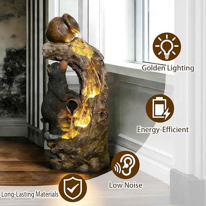 Sunlinua 34" H Decorative Bear Outdoor Water Fountain, Resin Water Fountain with LED Lights, Waterfall Fountains Indoor and Outdoor for Patio, Porch, Courtyard, Home Decor