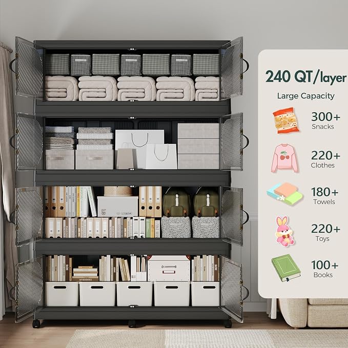 1200QT Extra Large Stackable Storage Bins with Lid, 300Gal Plastic Closet Organizers and Storage Drawer, Collapsible Cabinet Box with Wheels Clear Doors for Home Kitchen Office, 5Pack Black