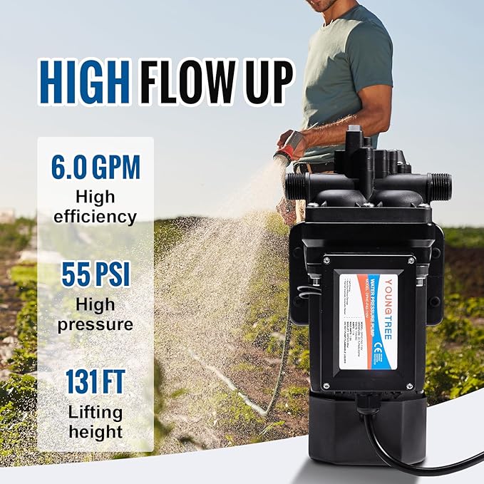 YOUNGTREE Brushless 110V Water Pressure Transfer Pump Continuous Duty 6.0GPM 55PSI On Demand Fresh Water Diaphragm Pump 110 Volt AC for Irrigation Garden Home Pool Car Washing Rain Barrel Industry
