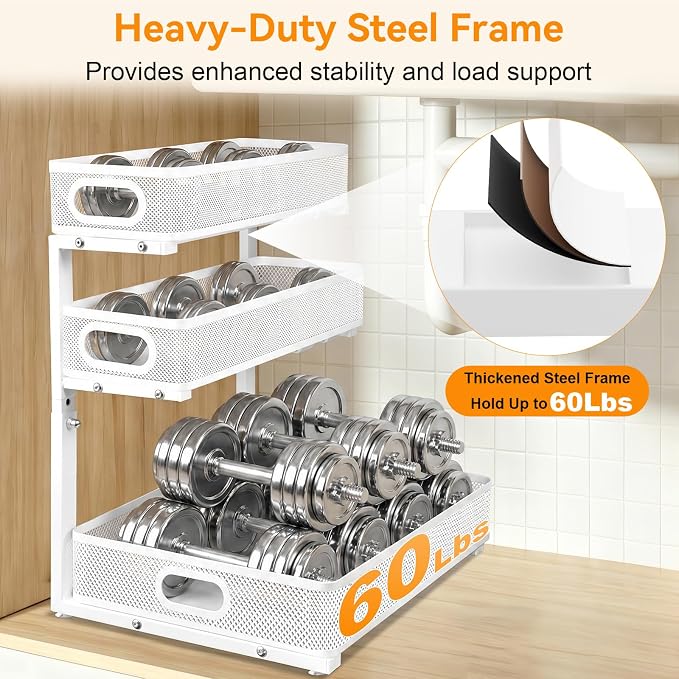 3 Tier Adjustable Under Sink Organizer for Bathroom & Kitchen(1Pack, White)