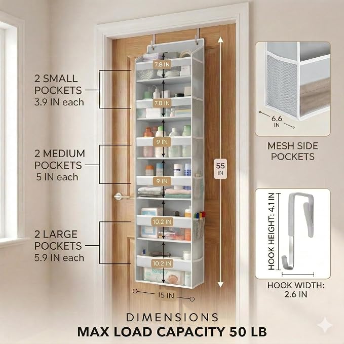 HOMELUX THEORY Over the Door Organizer, 6-Tier, 100D Fabric, Light Gray 1pc | Over the door shoe organizer, 50 lbs capacity, 12 side mesh pockets, 100D extra thick fabric, Closet & entryway storage