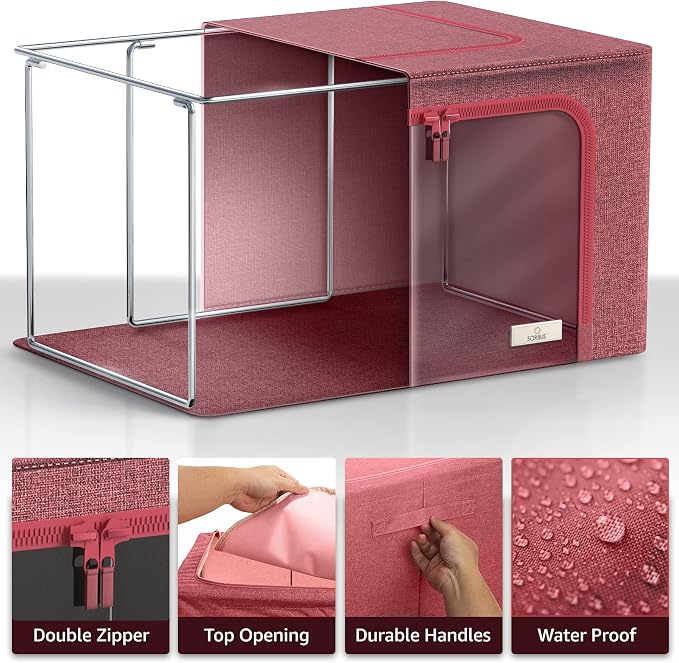 Sorbus Clothing Storage Bins with Clear Window, Metal Frame (6 Pack, Pink) | Oxford-fabric containers with carry handles stack neatly to organize bedding and linens in closets and laundry rooms.