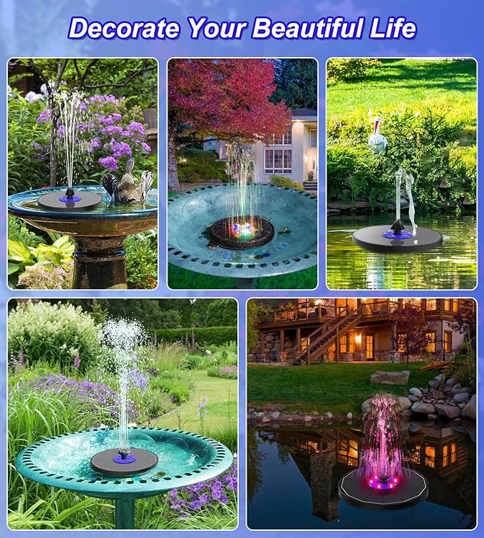 SZMP Solar Fountain 3.5W Floating Bird Bath Fountains with Blue Flower Upgraded Glass Panel with 7 Nozzle & 4 Fixer, Solar Water Fountain for Garden, Pond, Outdoor (Colorful)