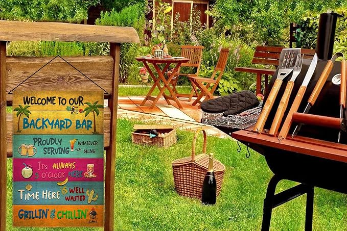 Snycler Welcome To Our Backyard Garden Flag, Swimming Pool Decor Classic Garden Signs Gift For Summer Vibes, Friends Party Decorative Signs For Yard (Backyard Bar) 12 x 18 Inch