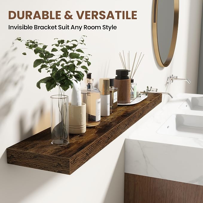 Acovy 36 Inch Floating Shelves for Wall 2 Pack, 36" Wall Shelves for Books, Storage, Decor, Wall Mounted Floating Shelf with Invisible Brackets for Kitchen, Living Room, Brown