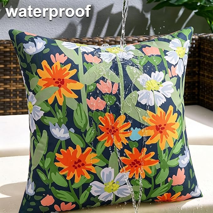 Pyonic Spring Summer Floral Outdoor Pillow Covers 18x18 inch Waterproof Throw Pillow Covers Outdoor Pillows for Patio Furniture Garden Bench Porch,Navy