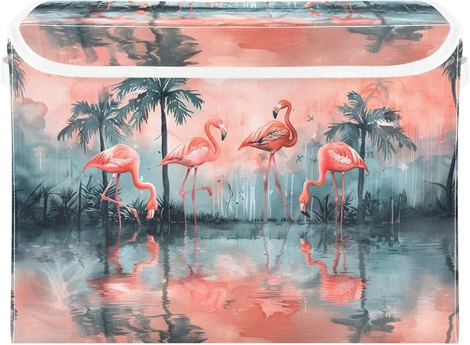 senya Large Storage Bins with Linen Collapsible Foldable Storage Cubes Fabric Closet Organizer Containers Box with Flip-Top Lid Home Bedroom Office 16.7 x 12.6 x 11.8in (Lovely Flamingos Palm Trees)