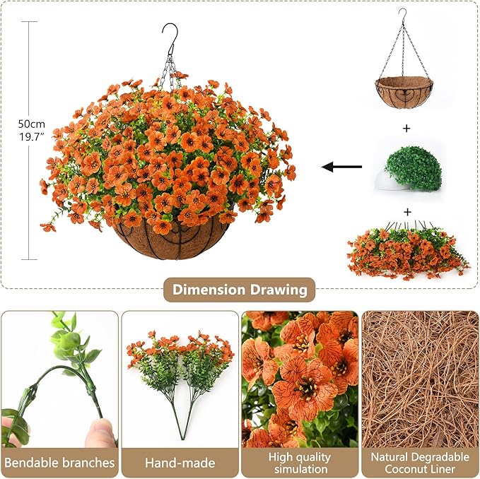 ZFProcess Artificial Faux Hanging Plants Flowers Basket for Fall Outdoor Decoration, Fake Silk Daisy in Planter Realistic UV Resistant Look Real for Porch Home Patio Balcony Yard(Orange)