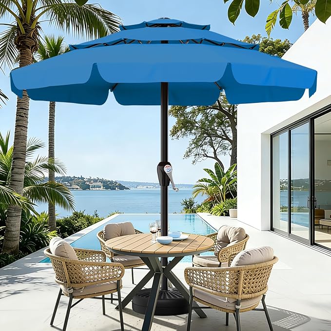 AreShark 12FT 3-Tiers Patio Umbrella with Valance, Outdoor with Crank, Large Outdoor Market Umbrellas Vented with 8 Sturdy Ribs, Patio Table Umbrellas for Garden, Deck, Backyard, Pool, Royal Blue